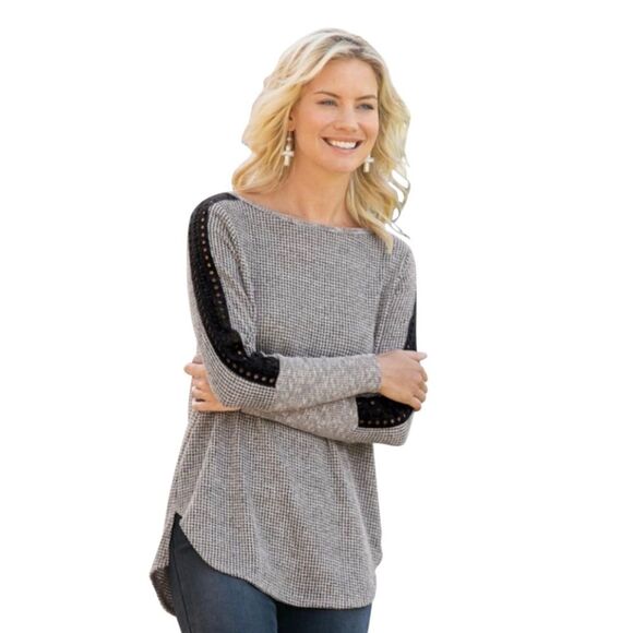 Soft Surrounding Bailey Black + Gray Sweater Waffle Knit Lace Trim Petite Small - Picture 1 of 7